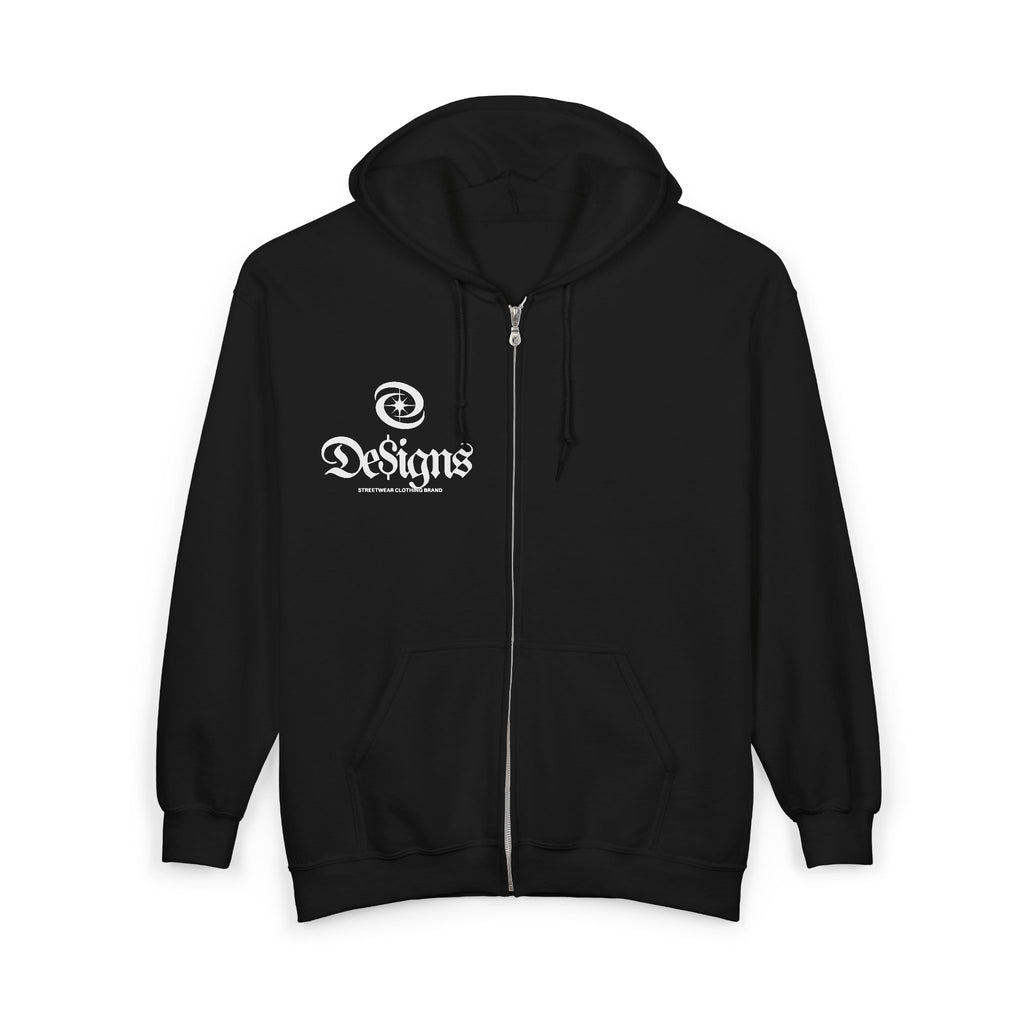 Gothic Logo Zip Hoodie — Black Full‑Zip Hooded Sweatshirt